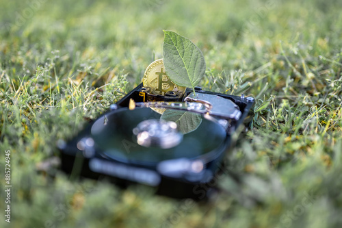 Hard disk drive with a bitcoin and a chia leaf on the grass