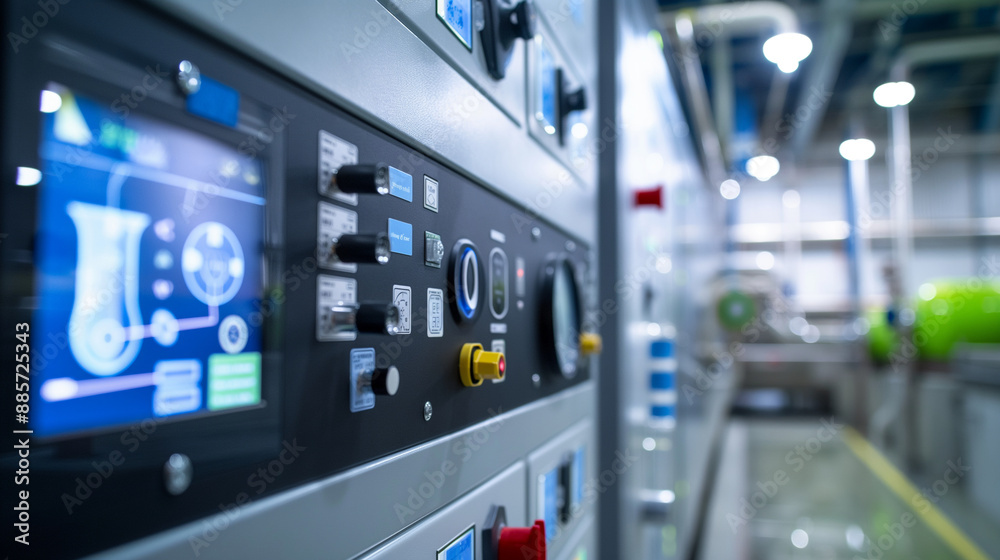 A digital control panel in a water treatment plant, highlighting icons of water testing equipment and the stages of purification. A digital control panel in a water treatment plant, highlighting icons of water testing equipment and the stages of purification.