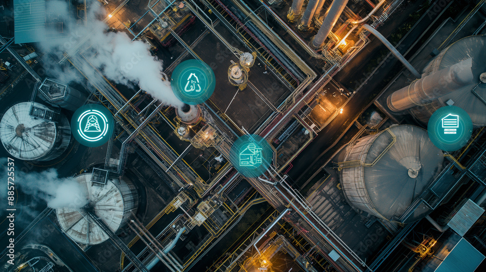 An aerial view of a factory with digital icons representing emissions control devices, air quality monitoring equipment, and regulatory compliance certificates. An aerial view of a factory with digital icons representing emissions control devices, air quality monitoring equipment, and regulatory compliance certificates.