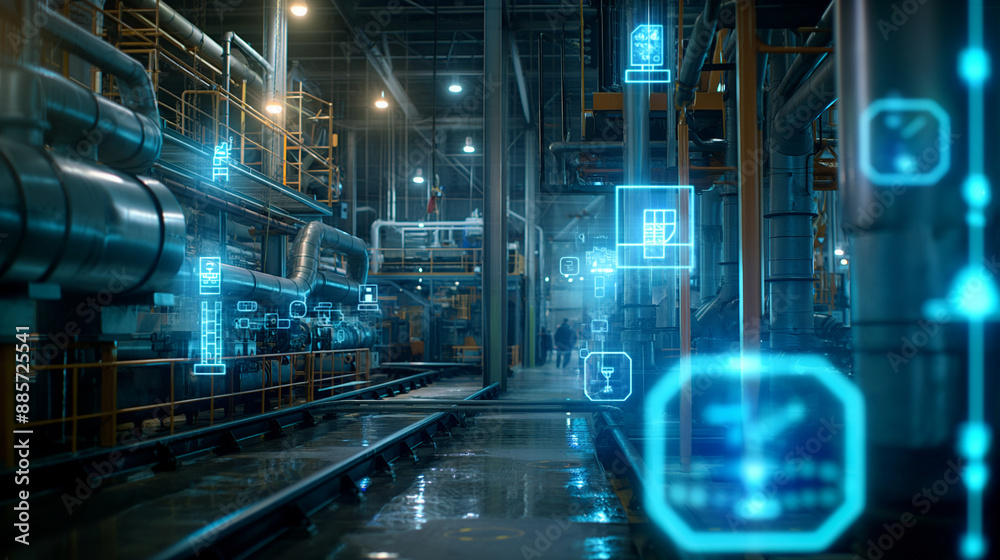 A high-tech factory setting with holographic icons indicating emissions reduction initiatives, air quality sensors, and compliance badges. A high-tech factory setting with holographic icons indicating emissions reduction initiatives, air quality sensors, and compliance badges.