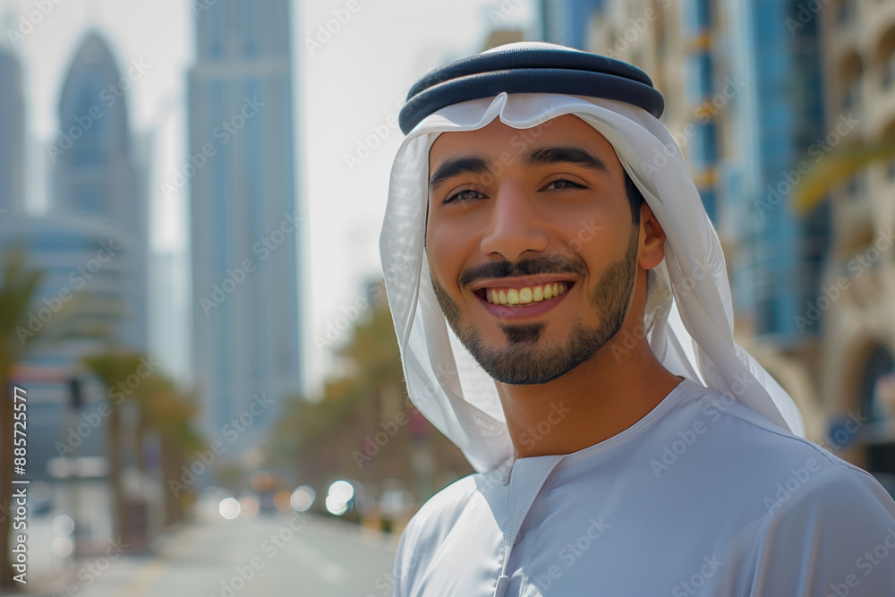 Arab businessman wearing Thobe smiles with confidence in the city. Arab businessman wearing Thobe smiles with confidence in the city.