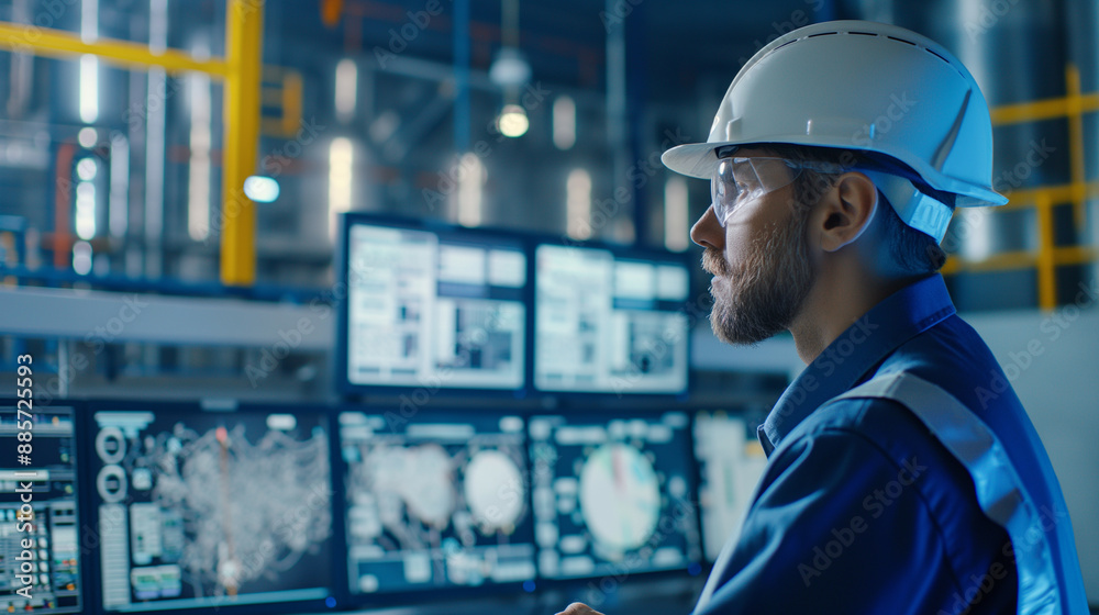 A technician in a factory control room reviewing digital data with icons for emissions control technology, air quality sensors, and regulatory compliance. A technician in a factory control room reviewing digital data with icons for emissions control technology, air quality sensors, and regulatory compliance.