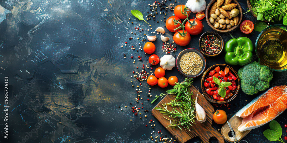 Fresh ingredients for healthy meal preparation with vegetables herbs fish spices food concept Fresh ingredients for healthy meal preparation with vegetables herbs fish spices food concept