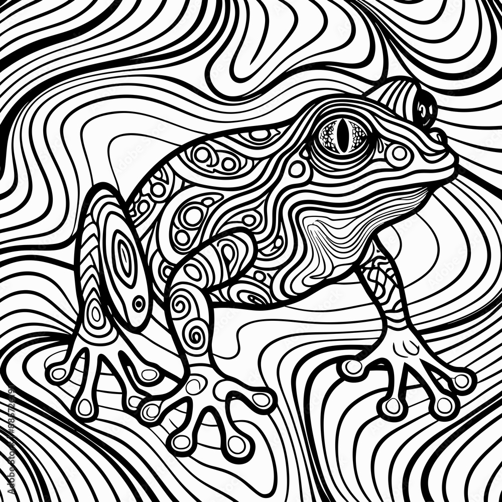 Psychedelic Black and White Frog Illustration with Hypnotic Geometric Patterns
Psychedelic Black and White Frog Illustration with Hypnotic Geometric Patterns