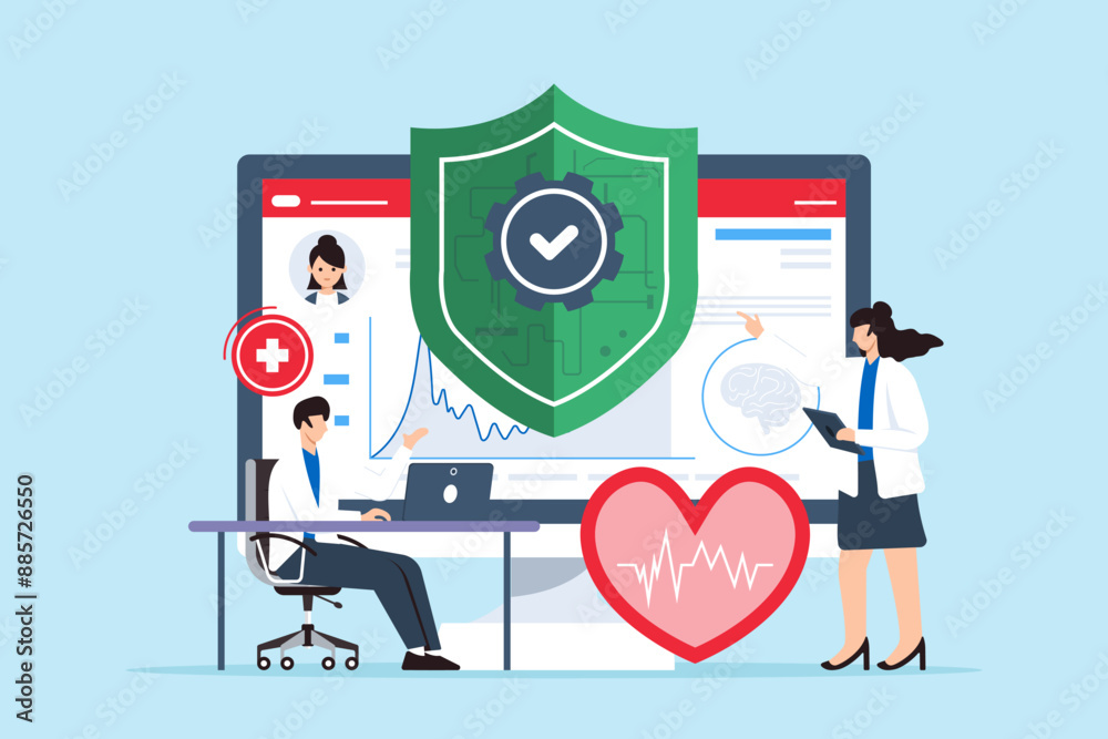 Flat illustration of two doctors handling cybersecurity for healthcare data and securing medical records Flat illustration of two doctors handling cybersecurity for healthcare data and securing medical records