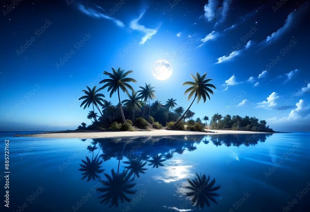 A tropical island with palm trees silhouetted against a large, glowing blue moon in a starry night sky, reflected in the calm ocean waters below A tropical island with palm trees silhouetted against a large, glowing blue moon in a starry night sky, reflected in the calm ocean waters below