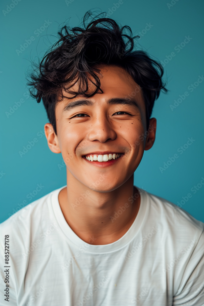 Asian man in white t-shirt smiling with confidence on blue background. Asian man in white t-shirt smiling with confidence on blue background.