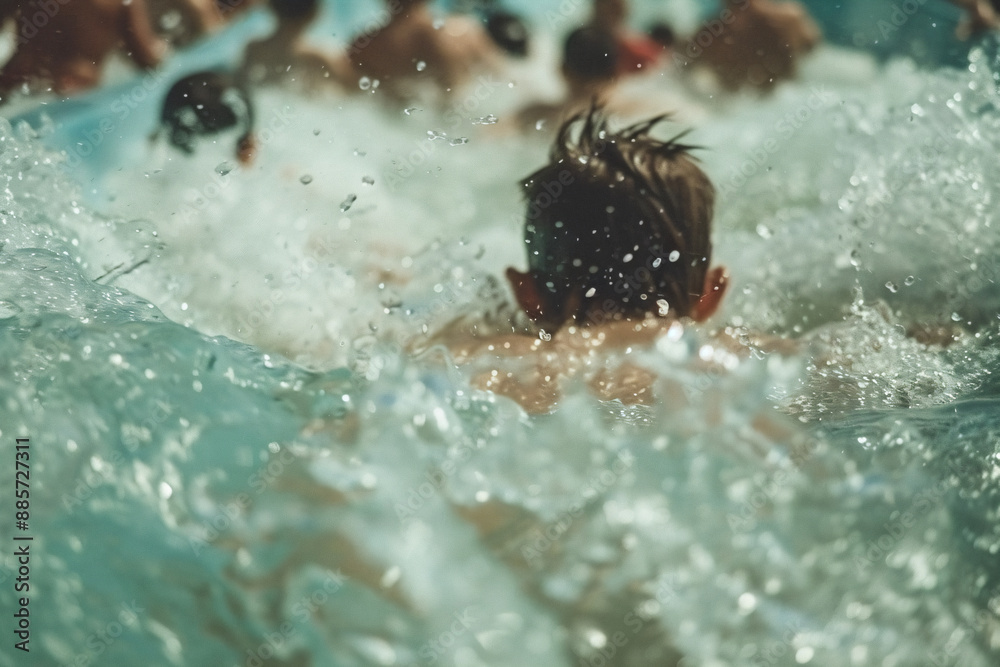 Child sliding into a pool at a waterpark with energetic splashes, ideal for illustrating summer fun and aquatic recreation Child sliding into a pool at a waterpark with energetic splashes, ideal for illustrating summer fun and aquatic recreation