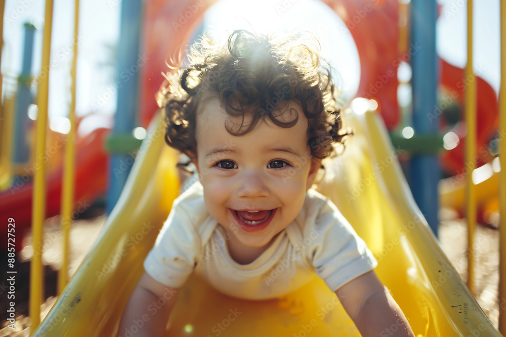 Cheerful curly-haired child sliding down a playground slide on a sunny day, highlighting the joy and fun of outdoor play Cheerful curly-haired child sliding down a playground slide on a sunny day, highlighting the joy and fun of outdoor play