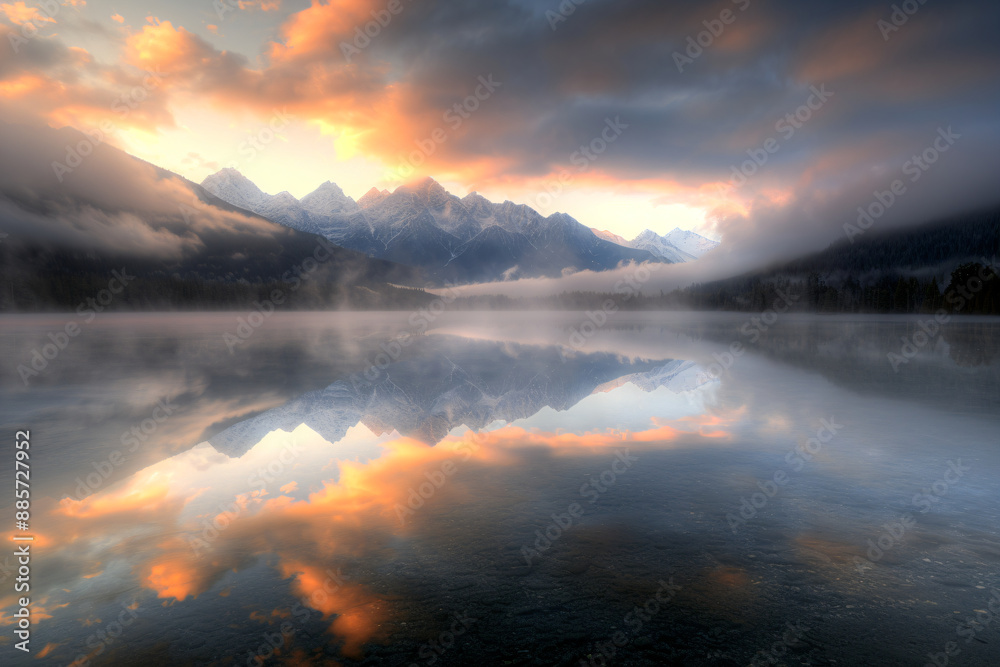 Sunset over a serene mountain lake with a dramatic reflection, showcasing the tranquil beauty of a misty winter evening. Sunset over a serene mountain lake with a dramatic reflection, showcasing the tranquil beauty of a misty winter evening.