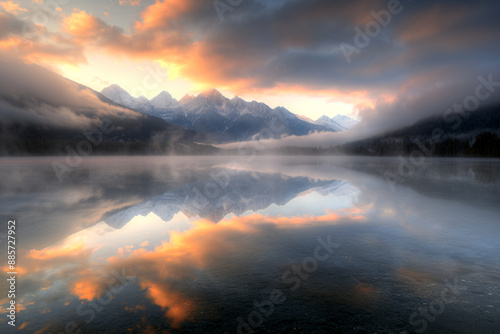 Sunset over a serene mountain lake with a dramatic reflection, showcasing the tranquil beauty of a misty winter evening.