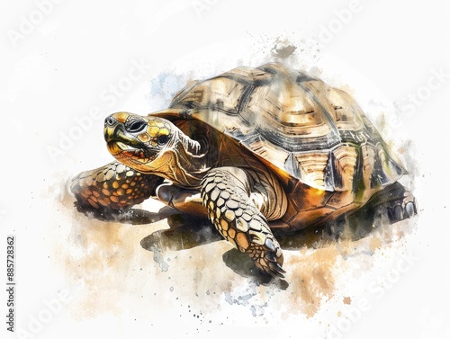 A close-up photo of a turtle sitting on a white background, perfect for illustrating aquatic or environmental themes photo