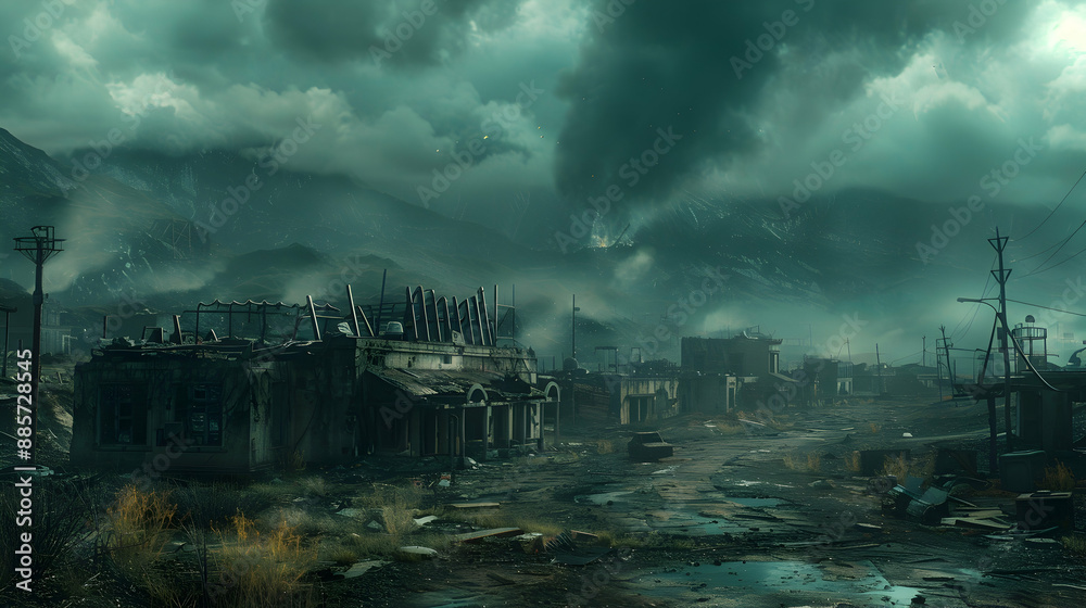 A dystopian landscape on a solar planet with dark, foreboding skies and abandoned buildings A dystopian landscape on a solar planet with dark, foreboding skies and abandoned buildings