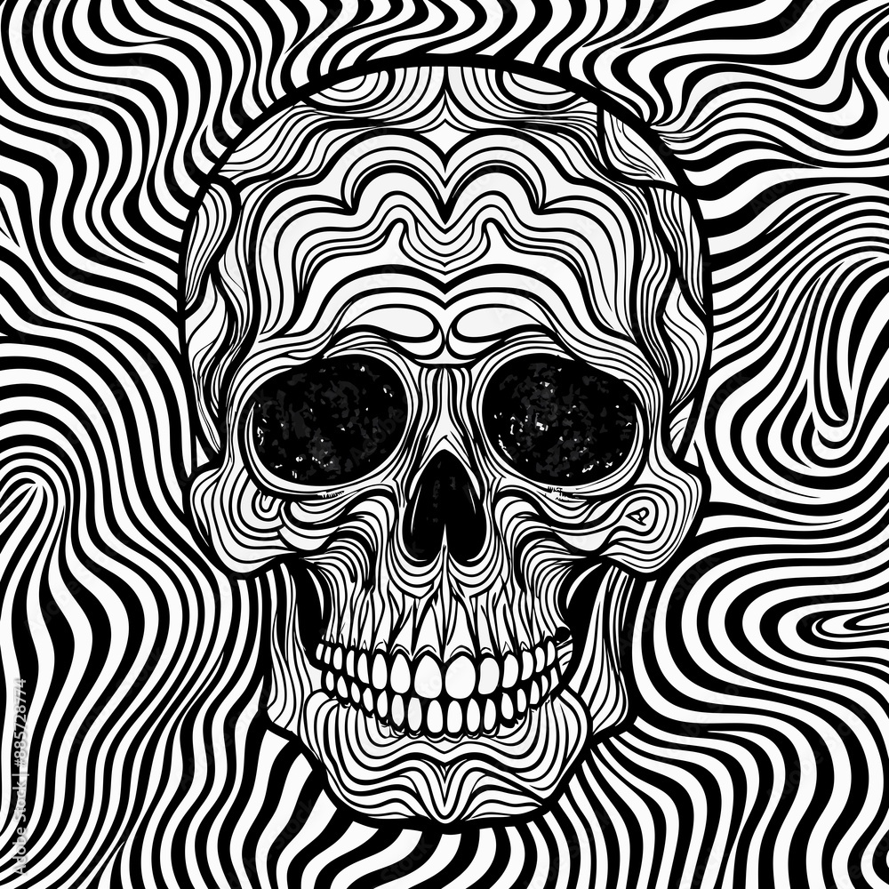 Psychedelic Black and White Skull Illustration with Hypnotic Linear Patterns
Psychedelic Black and White Skull Illustration with Hypnotic Linear Patterns