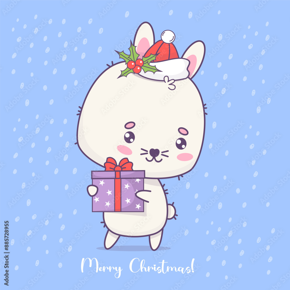 Fototapeta premium Christmassy cute bunny in Santa hat with gift box. Funny cartoon kawaii animal character. Vector illustration. Festive card Merry Christmas. Kids collection