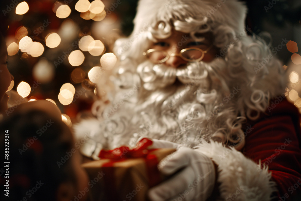 Santa Claus presenting a gift to a happy child, capturing the joy and magic of Christmas with festive lights in the background.