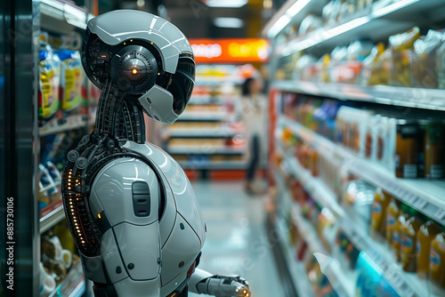 Futuristic robots working in supermarkets.