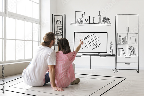 Young couple imagining interior of new home, back view