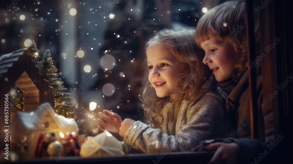 Children celebrating Christmas at home. Holiday celebration concept.