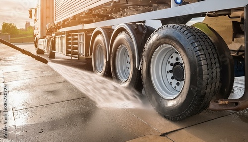 Industrial high pressure cleaner washing a truck tire at a vehicle wash station