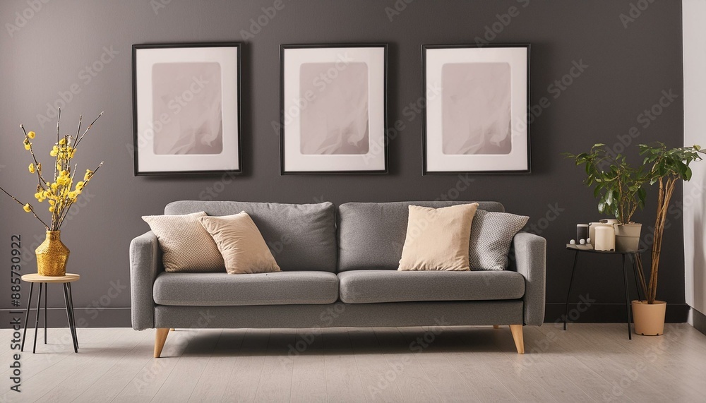 Living room with 3 three accent canvas square painting picture. Frames for art on a black wall. Gallery in dark colors with a gray sofa or couch. Rich exhibition mockup layout triptych Living room with 3 three accent canvas square painting picture. Frames for art on a black wall. Gallery in dark colors with a gray sofa or couch. Rich exhibition mockup layout triptych