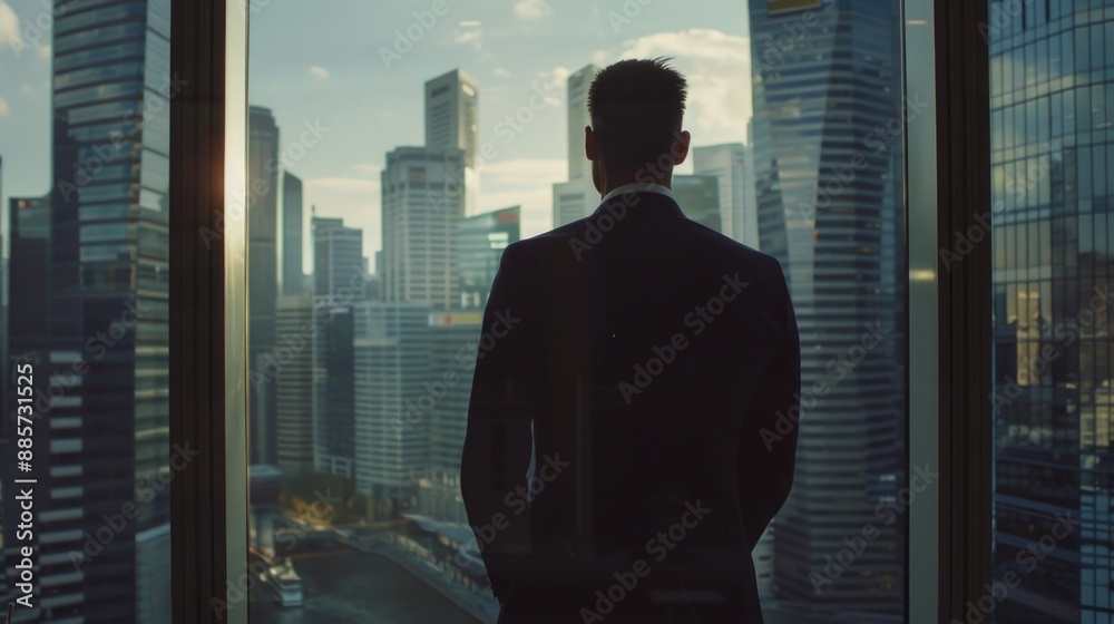 A person standing at a window, looking outside A person standing at a window, looking outside