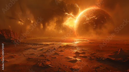  A dystopian solar planet with a dark, stormy sky and deserted landscapes