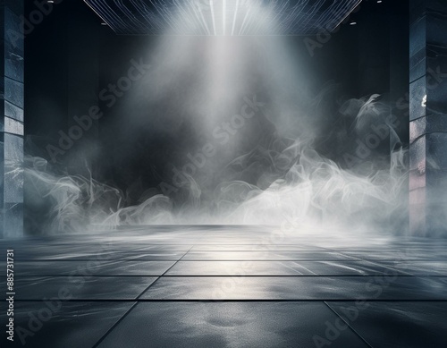 platform abstract stage texture fog spotlight. Dark black floor podium dramatic empty night room table concrete wall scene place display studio smoky dust