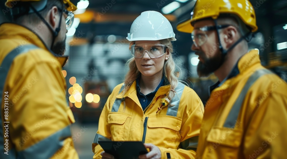 Industrial engineers discussing plans in a factory setting wearing safety gear Industrial engineers discussing plans in a factory setting wearing safety gear