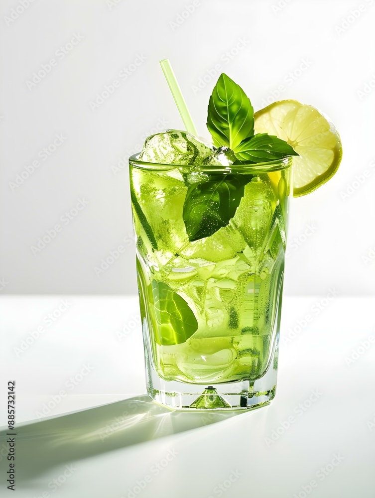 Green Summer Drink on a light Background with Sunlight and Shadows Green Summer Drink on a light Background with Sunlight and Shadows