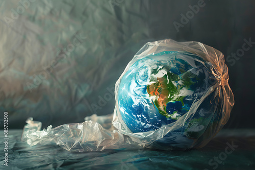 Earth globe in plastic bag on orange background. Environmental pollution and contamination problem concept. Ecology protection, waste reduce