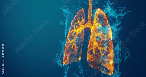 Detailed 3D illustration of human lungs with highlighted anatomy on blue background photo