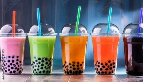 Vibrant assortment of bubble tea varieties in clear cups