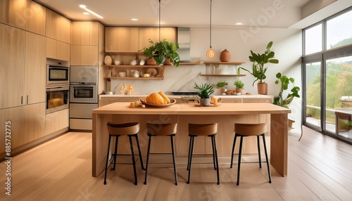 Warm modern kitchen interior with wooden countertop