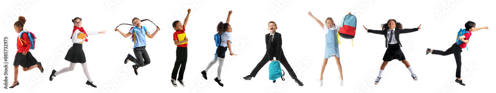 Set of cute jumping schoolchildren on white background Set of cute jumping schoolchildren on white background