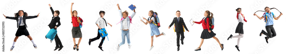 Set of cute jumping schoolchildren on white background Set of cute jumping schoolchildren on white background