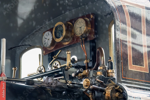 close-up of steam locomotive train controls, the Ffestiniog Railway, Porthmadog, Wales photo