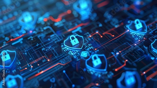 Close-ups of digital shields and security icons used to protect against online intrusions.
