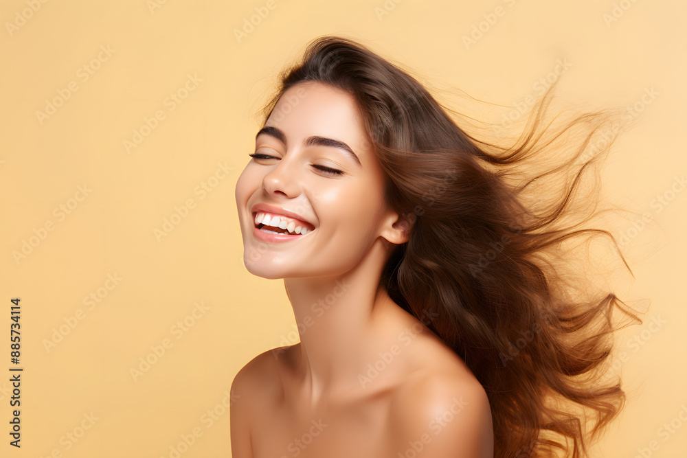 close up portrait of a beautiful woman smiling and happy over light yellow background close up portrait of a beautiful woman smiling and happy over light yellow background