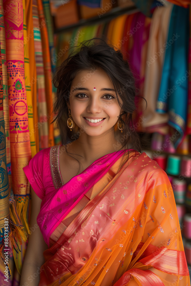 Young Indian woman smiling with confidence in sari shop. Young Indian woman smiling with confidence in sari shop.