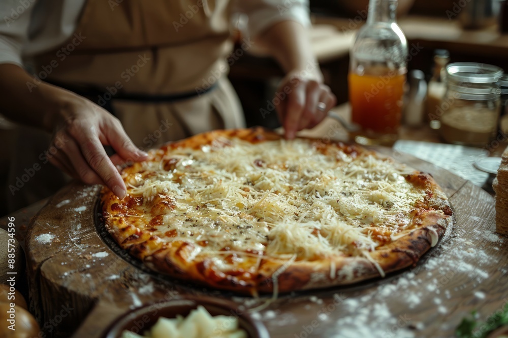Unrecognizable person arranging freshly served Pizza Margherita on a wooden board Unrecognizable person arranging freshly served Pizza Margherita on a wooden board