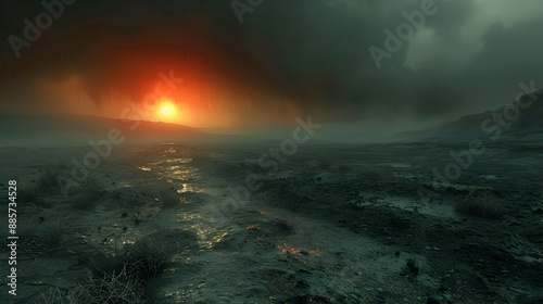  A dystopian solar planet with a dark, stormy sky and deserted landscapes