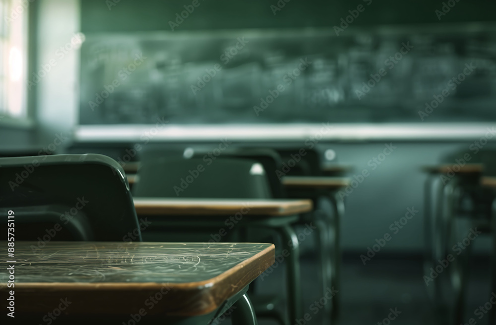 Dark and empty classroom with desks and chalkboard in shadow Dark and empty classroom with desks and chalkboard in shadow