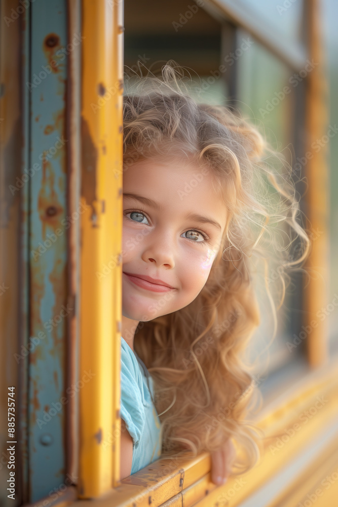 Happy Caucasian girl leaning out the window on a yellow school bus. Happy Caucasian girl leaning out the window on a yellow school bus.