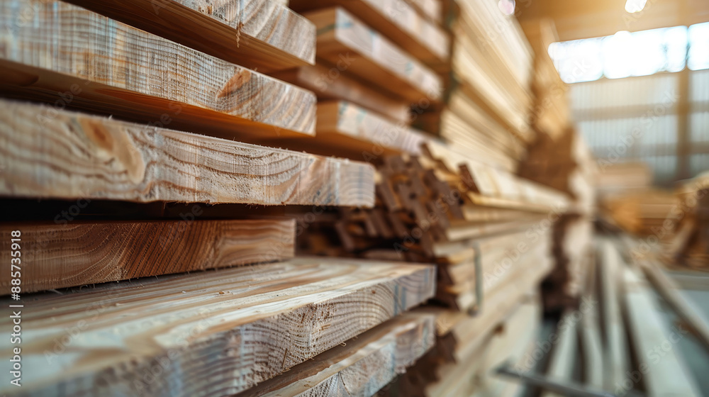 Stacked wooden boards in a woodworking industry. Wood harvesting shop, timber for construction. Stacked wooden boards in a woodworking industry. Wood harvesting shop, timber for construction.