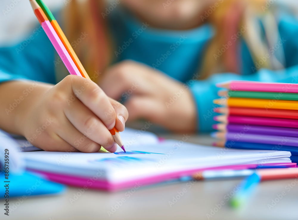 Close-up of child's hand writing in notebook with colorful pencils Close-up of child's hand writing in notebook with colorful pencils