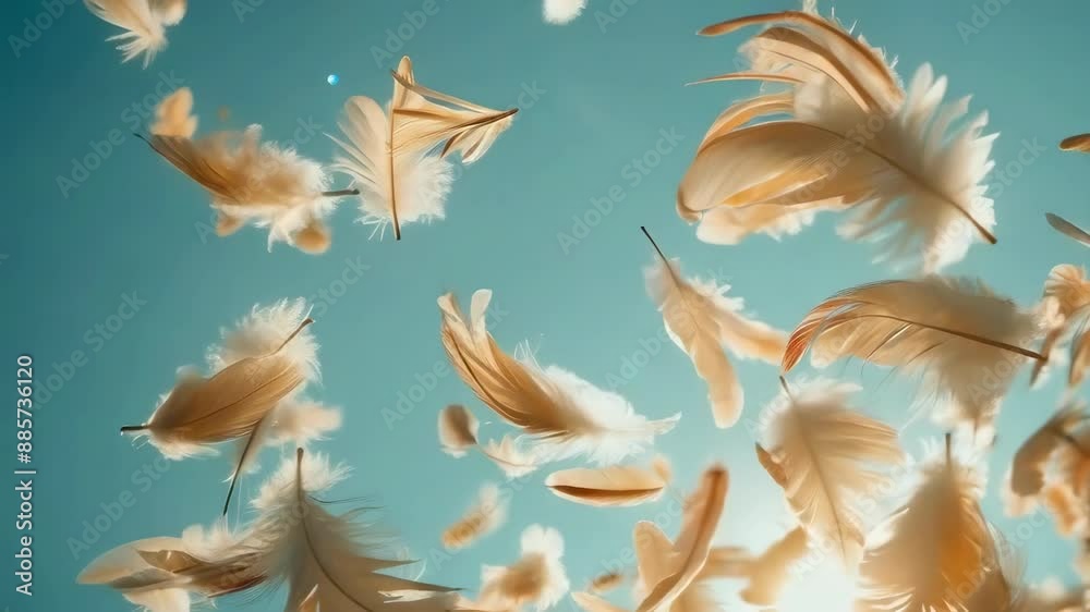 Light, golden feathers drift in the calm blue sky on a peaceful day. The bright sunlight enhances the delicate textures of the feathers as they gently float down, creating a tranquil and serene mood. Light, golden feathers drift in the calm blue sky on a peaceful day. The bright sunlight enhances the delicate textures of the feathers as they gently float down, creating a tranquil and serene mood.
