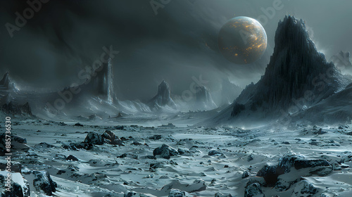  A dystopian solar planet with dark, stormy skies and a barren landscape