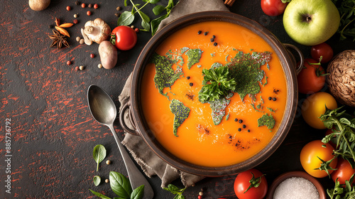 soup bowl with continents made up of vegetables, flavors of the world concept