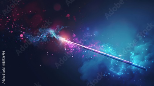 Magic wand, futuristic holographic magic effects, flat design illustration